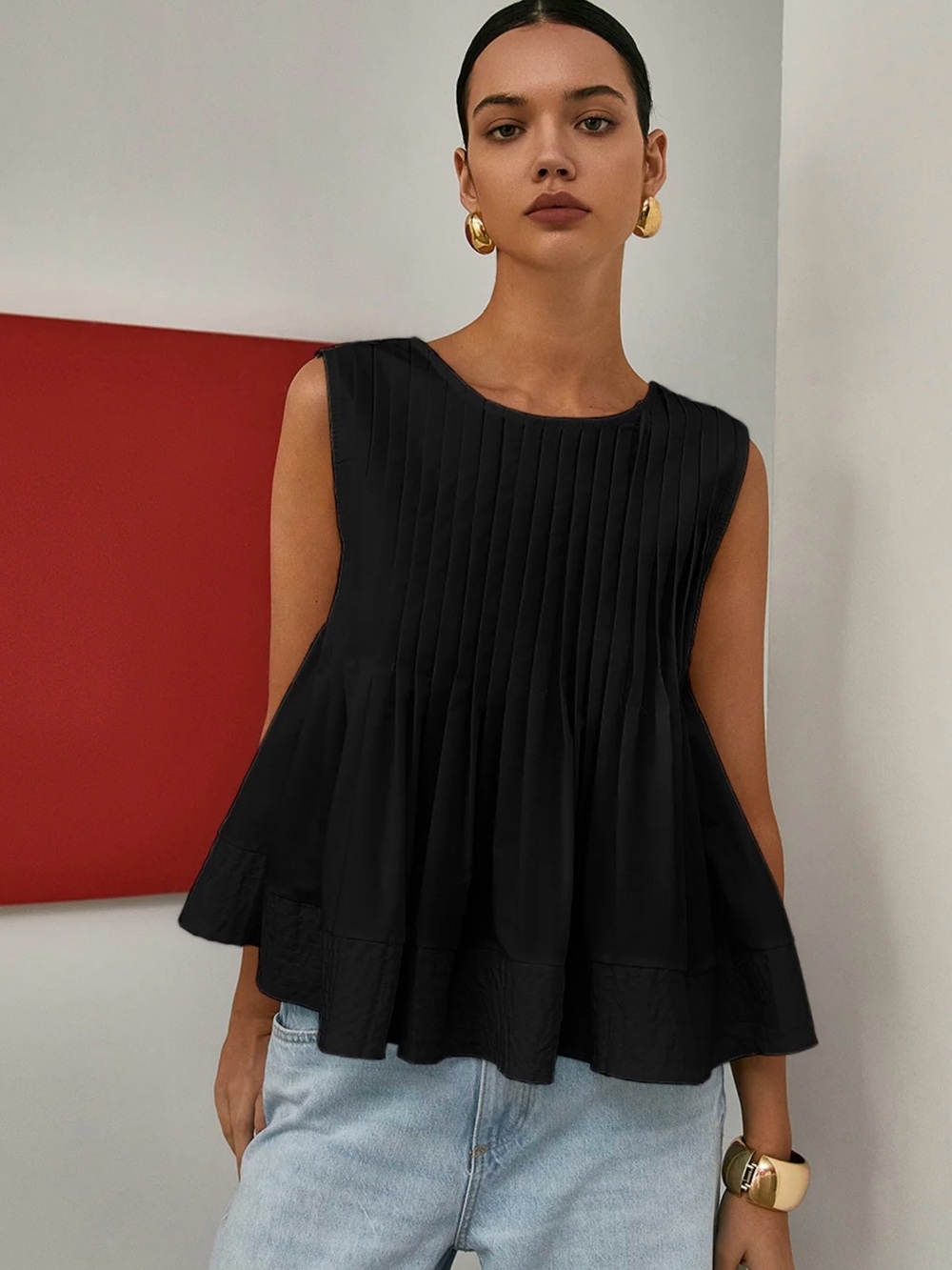 Commense Pleated Peplum Sleeveless Blouse -  XL Black